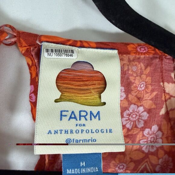 Farm Rio Anthropologie Dress Women's Medium Orange Red Floral Open Back Tie - Picture 6 of 16